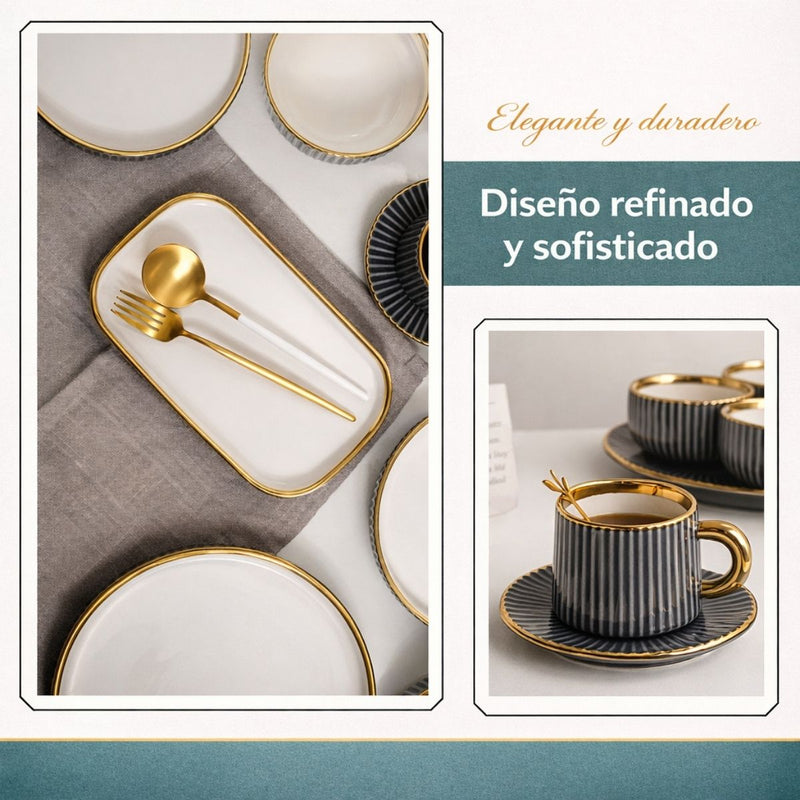 Juego de Vajilla de Porcelana 21 Piezas Gris con Borde Dorado Estilo Europeo, Esmalte Liso, Apta para Café, Té y Restaurante