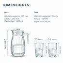 Jarra de Vidrio con 4 Vasos. Diseño Vertical Elegante. Capacidad de 1.5 L. Set de 5 unidades.