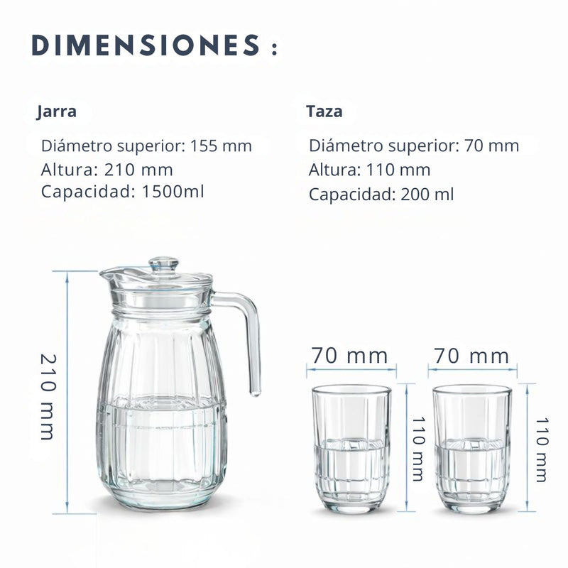 Jarra de Vidrio con 4 Vasos. Diseño Vertical Elegante. Capacidad de 1.5 L. Set de 5 unidades.