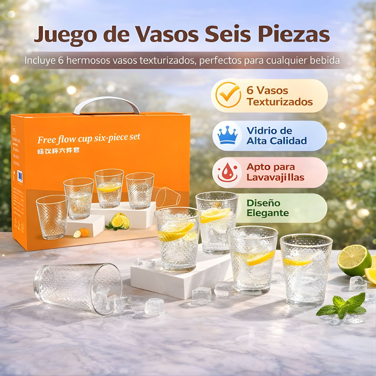 Vasos de Vidrio. Set de 6 unidades con Capacidad de 300ml.