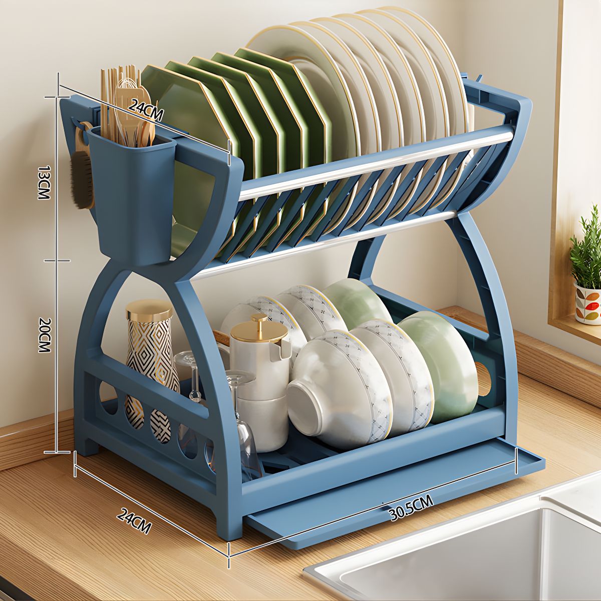 Escurridor De Platos Con Bandeja De Drenaje Y Soporte De Cubiertos. Set Organizador Con 2 Niveles (33x30.5x24cm). Color celeste.