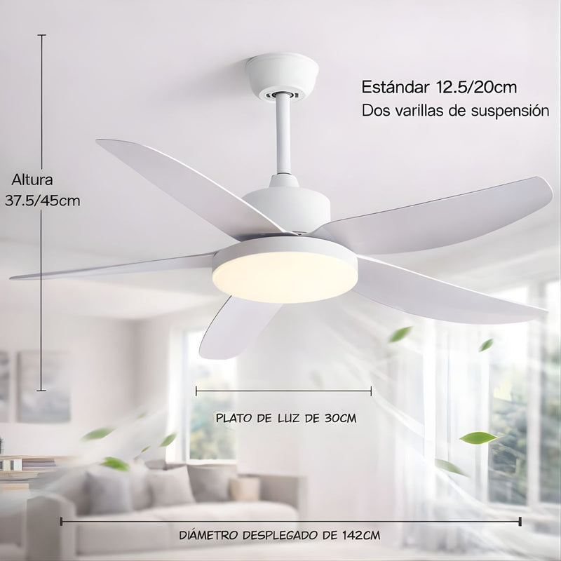 Abanico de Techo 60W con Luz LED Regulable y Control Remoto. Ventilador de 5 Aspas. Color blanco (56").