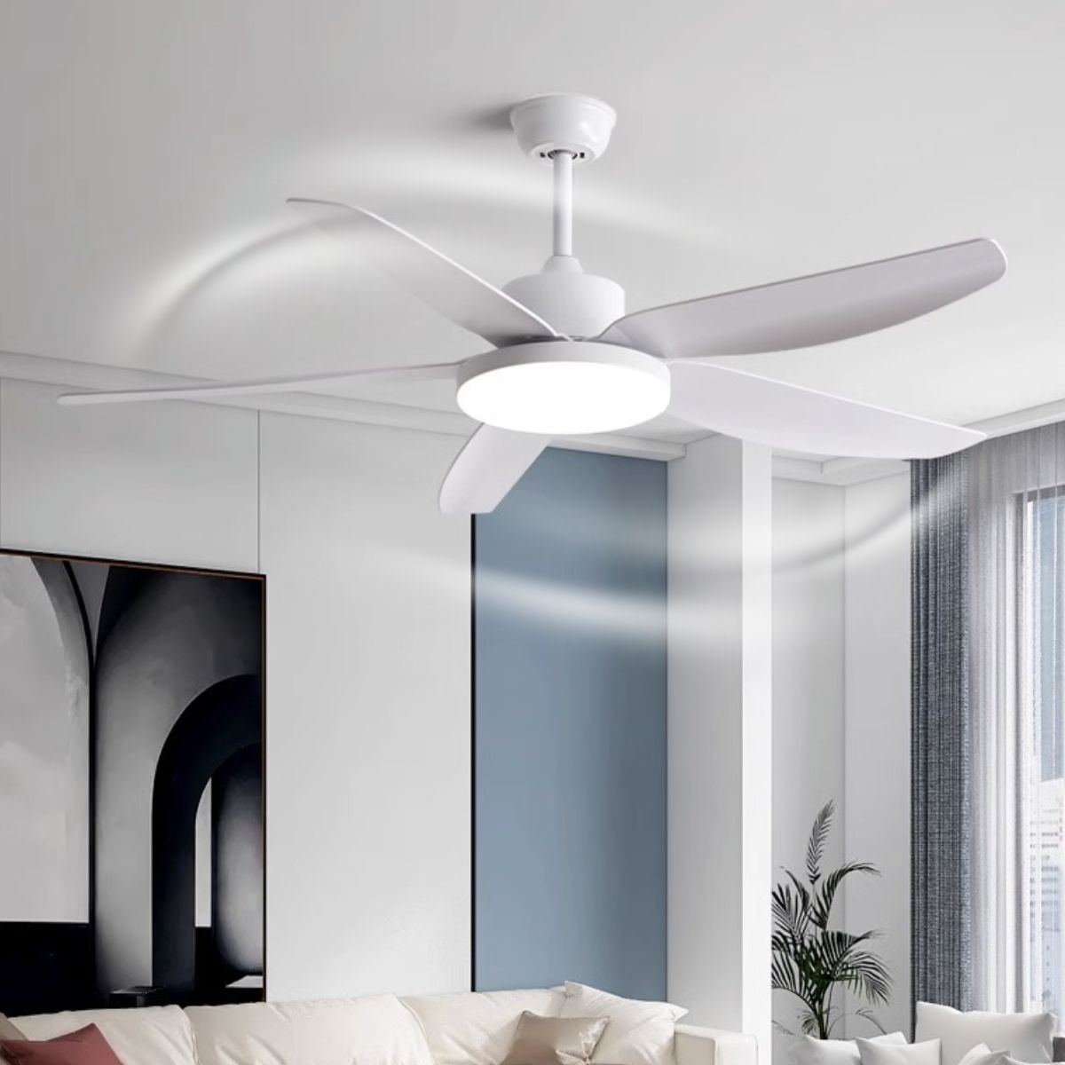 Abanico de Techo 60W con Luz LED Regulable y Control Remoto. Ventilador de 5 Aspas. Color blanco (56").