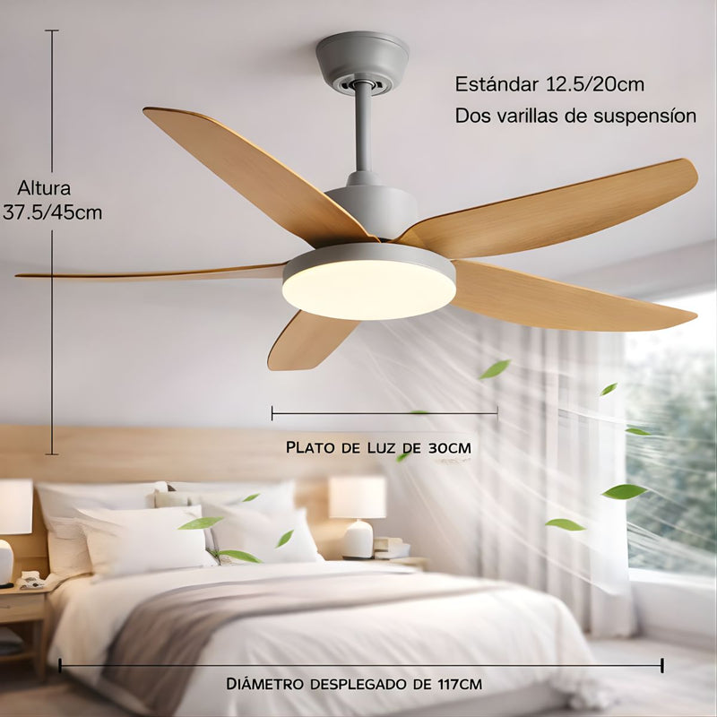 Abanico de Techo 60W con Luz LED Regulable y Control Remoto. Ventilador de 5 Aspas. Color gris (46").