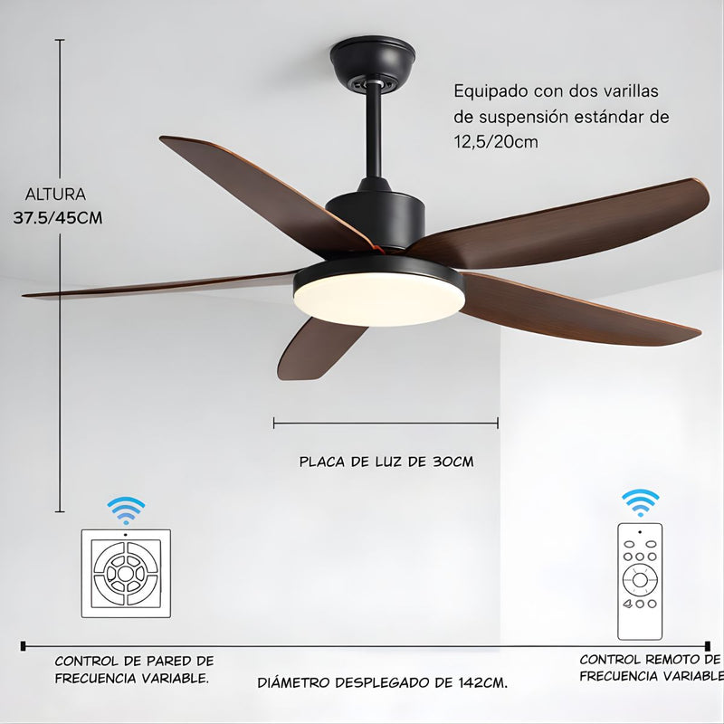 Abanico de Techo 60W con Luz LED Regulable y Control Remoto. Ventilador de 5 Aspas. Color gris (56").