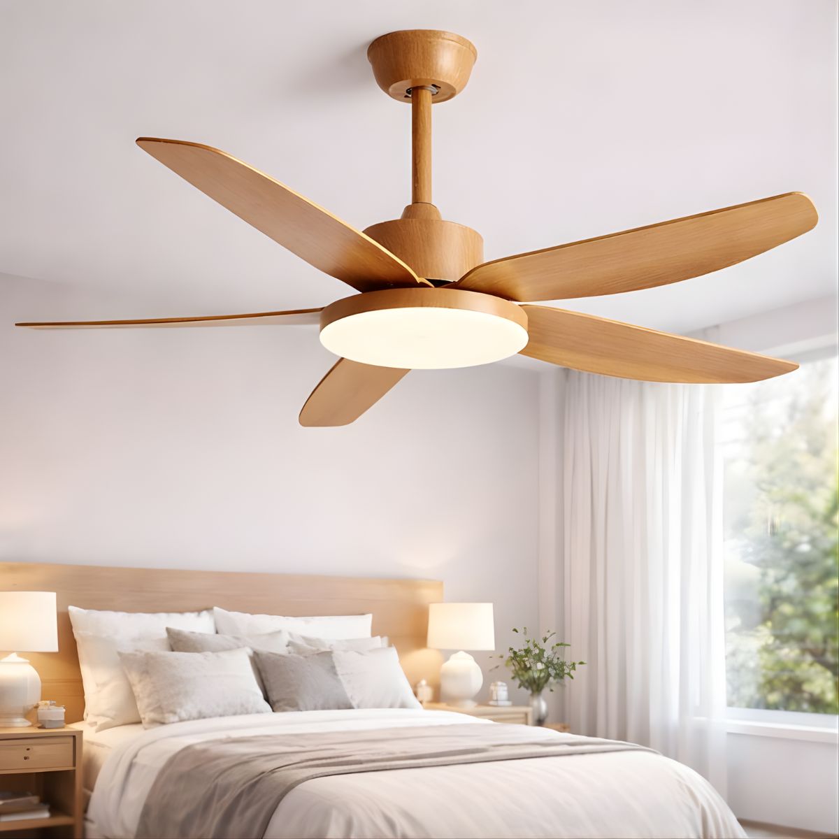 Abanico de Techo 60W con Luz LED Regulable y Control Remoto. Ventilador de 5 Aspas. Color madera (46").
