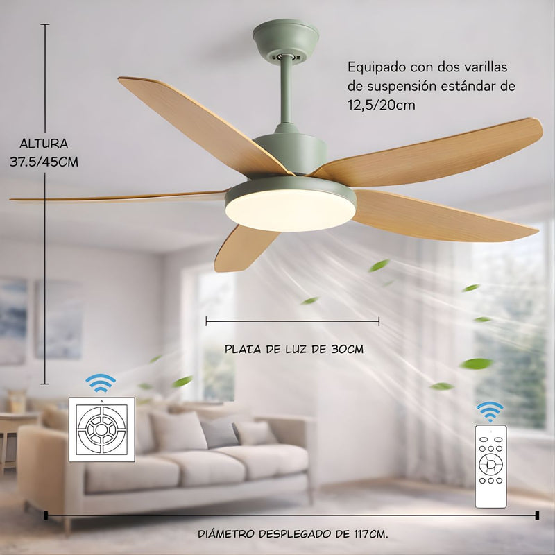 Abanico de Techo 60W con Luz LED Regulable y Control Remoto. Ventilador de 5 Aspas. Color verde (46").