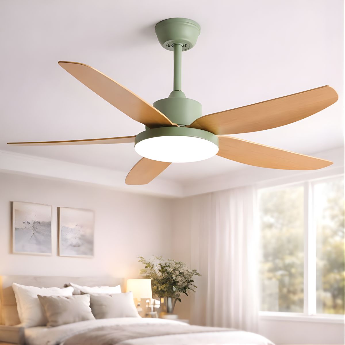 Abanico de Techo 60W con Luz LED Regulable y Control Remoto. Ventilador de 5 Aspas. Color verde (46").