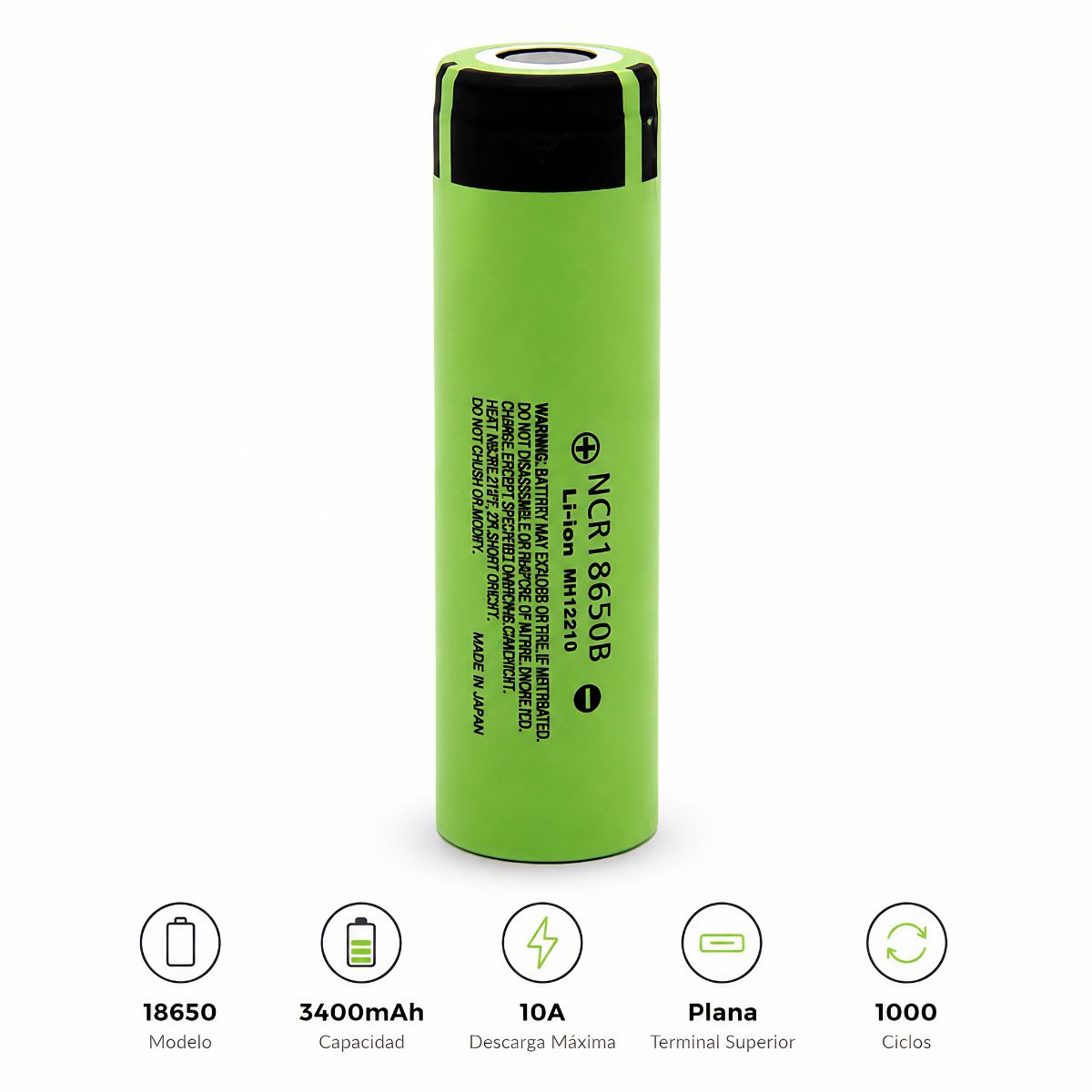 Batería Recargable 18650 3.7V 3400mAh Modelo 34B Flat Top Alta Capacidad con Descarga 10A para Linternas y Dispositivos Electrónicos. 1000 Ciclos de Vida