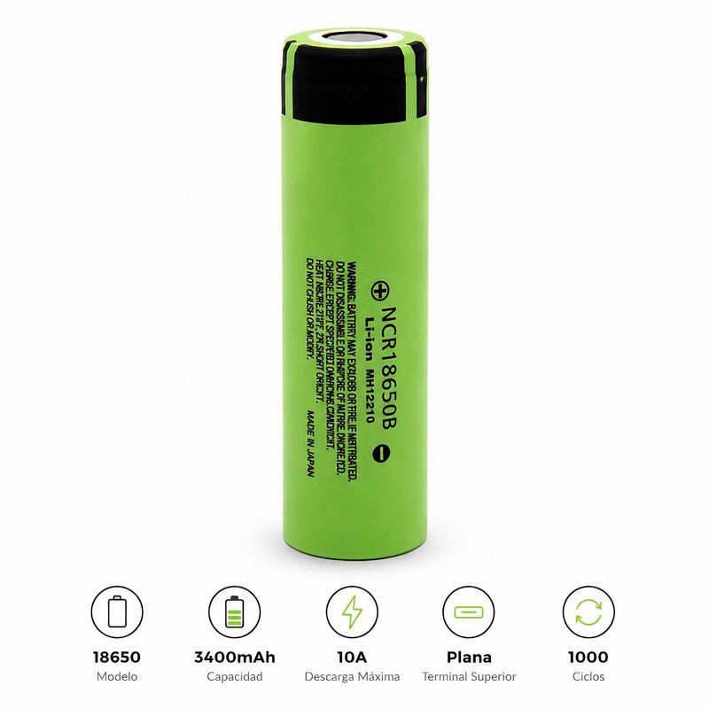 Batería Recargable 18650 3.7V 3400mAh Modelo 34B Flat Top Alta Capacidad con Descarga 10A para Linternas y Dispositivos Electrónicos. 1000 Ciclos de Vida
