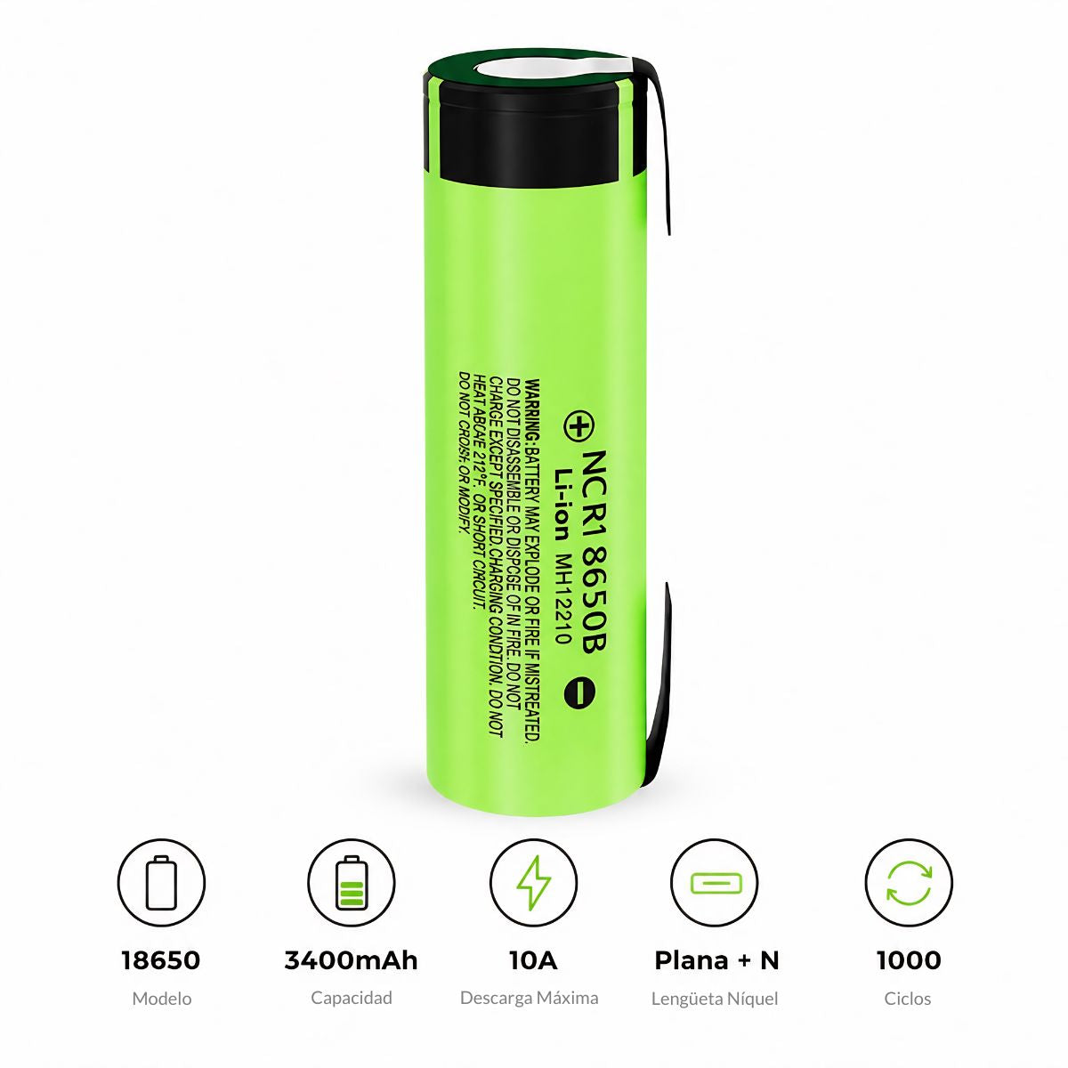 Batería Recargable 18650 3.7V 3400mAh Modelo 34B con Lengüetas de Níquel Alta Capacidad Descarga 10A para Packs de Baterías. 1000 Ciclos de Vida