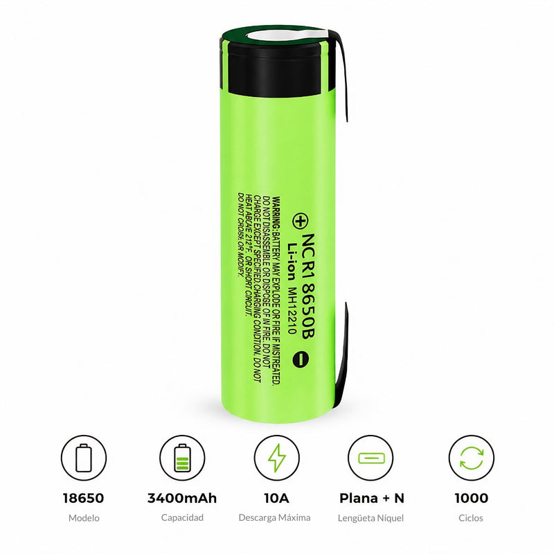 Batería Recargable 18650 3.7V 3400mAh Modelo 34B con Lengüetas de Níquel Alta Capacidad Descarga 10A para Packs de Baterías. 1000 Ciclos de Vida
