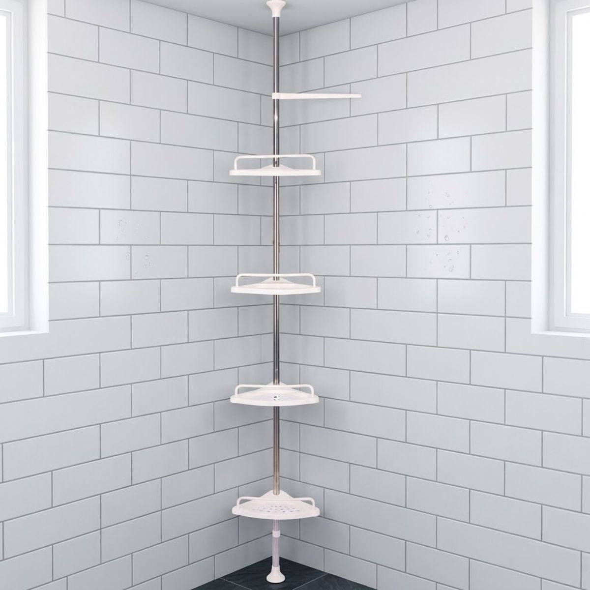 Organizador Esquinero para Baño Ajustable de Piso a Techo – Repisa Multiuso para Ducha  Acero Inoxidable y PP con 4 Niveles y  Telescópica a presión de 100-320 cm