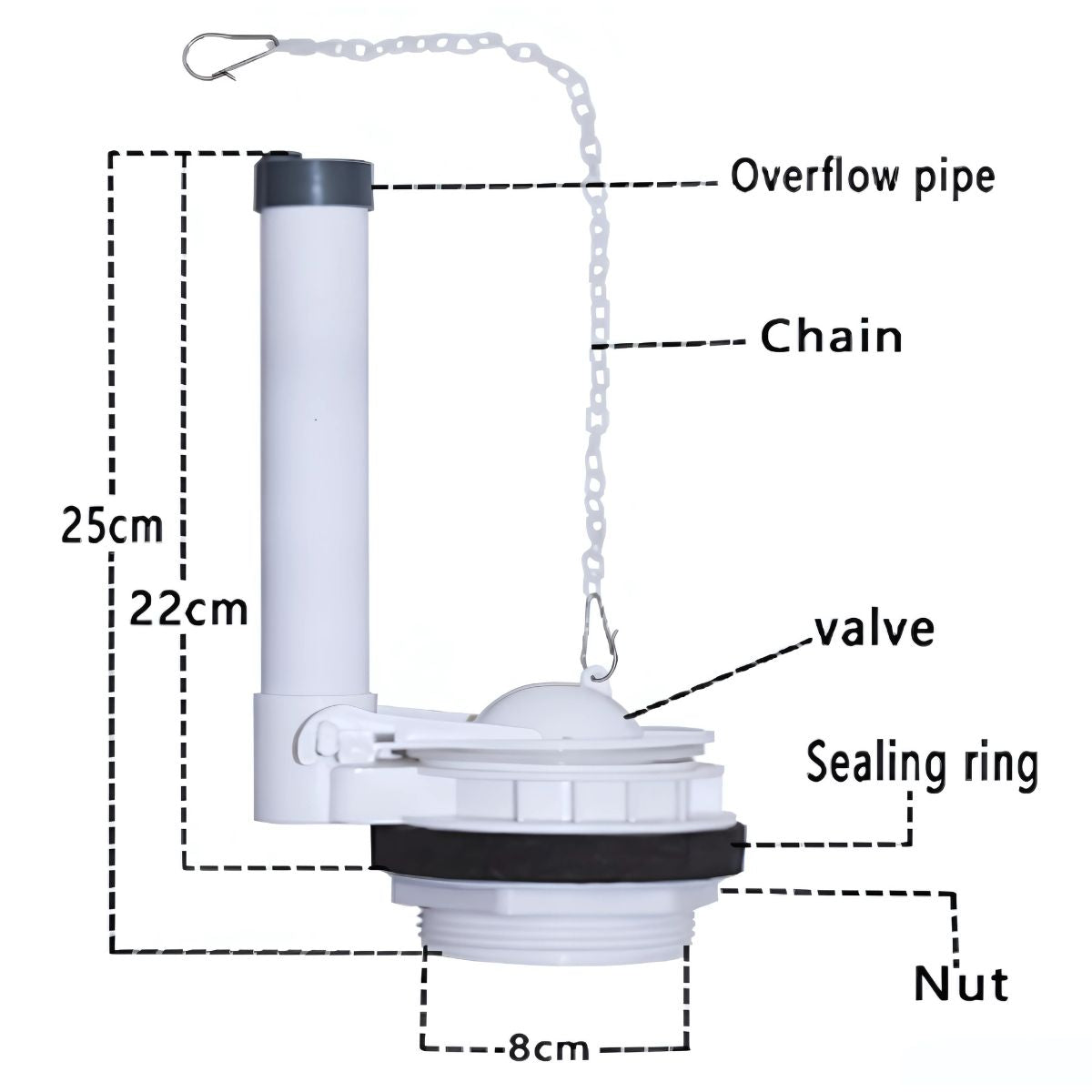 Válvula de salida para inodoro. Altura de 22cm. Para tanque de sanitario.