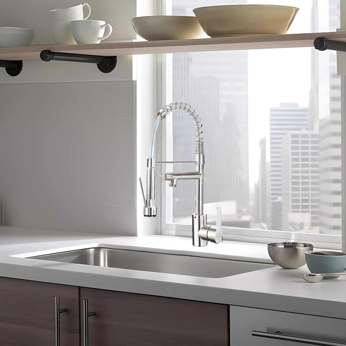 Grifo de fregadero con resorte. Color satín. Acero inoxidable. Pluma llave para fregador de cocina.