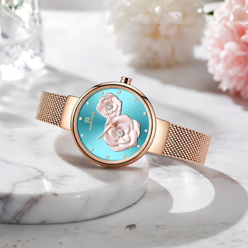 Naviforce Reloj Analógico Rose Gold con Esfera Rose Gold, Correa de Malla de Acero Inoxidable, Diámetro de 32 mm y Resistencia al Agua 3 ATM.