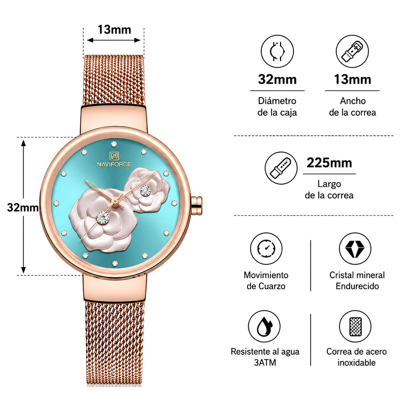 Naviforce Reloj Analógico Rose Gold con Esfera Rose Gold, Correa de Malla de Acero Inoxidable, Diámetro de 32 mm y Resistencia al Agua 3 ATM.