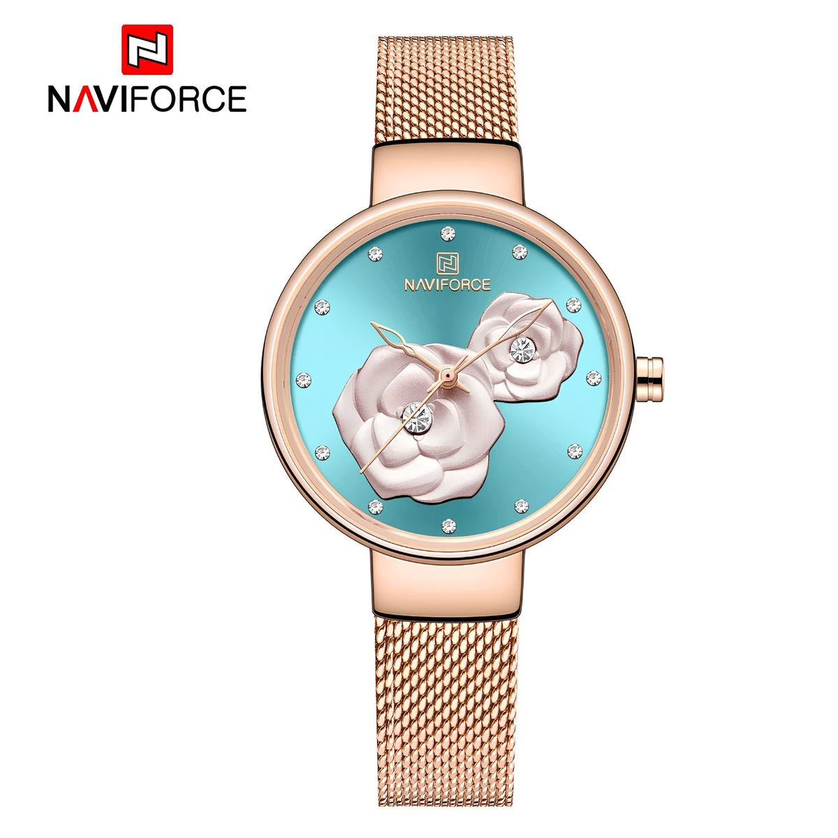 Naviforce Reloj Analógico Rose Gold con Esfera Rose Gold, Correa de Malla de Acero Inoxidable, Diámetro de 32 mm y Resistencia al Agua 3 ATM.