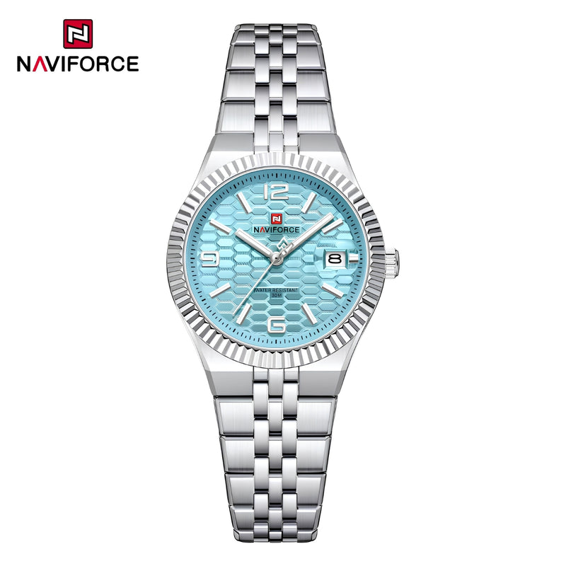 Naviforce Reloj Analógico Plateado con Esfera Azul y Correa de Acero Inoxidable, Diámetro de 35 mm, Cristal Mineral Endurecido, Calendario y Resistencia al Agua 3 ATM.