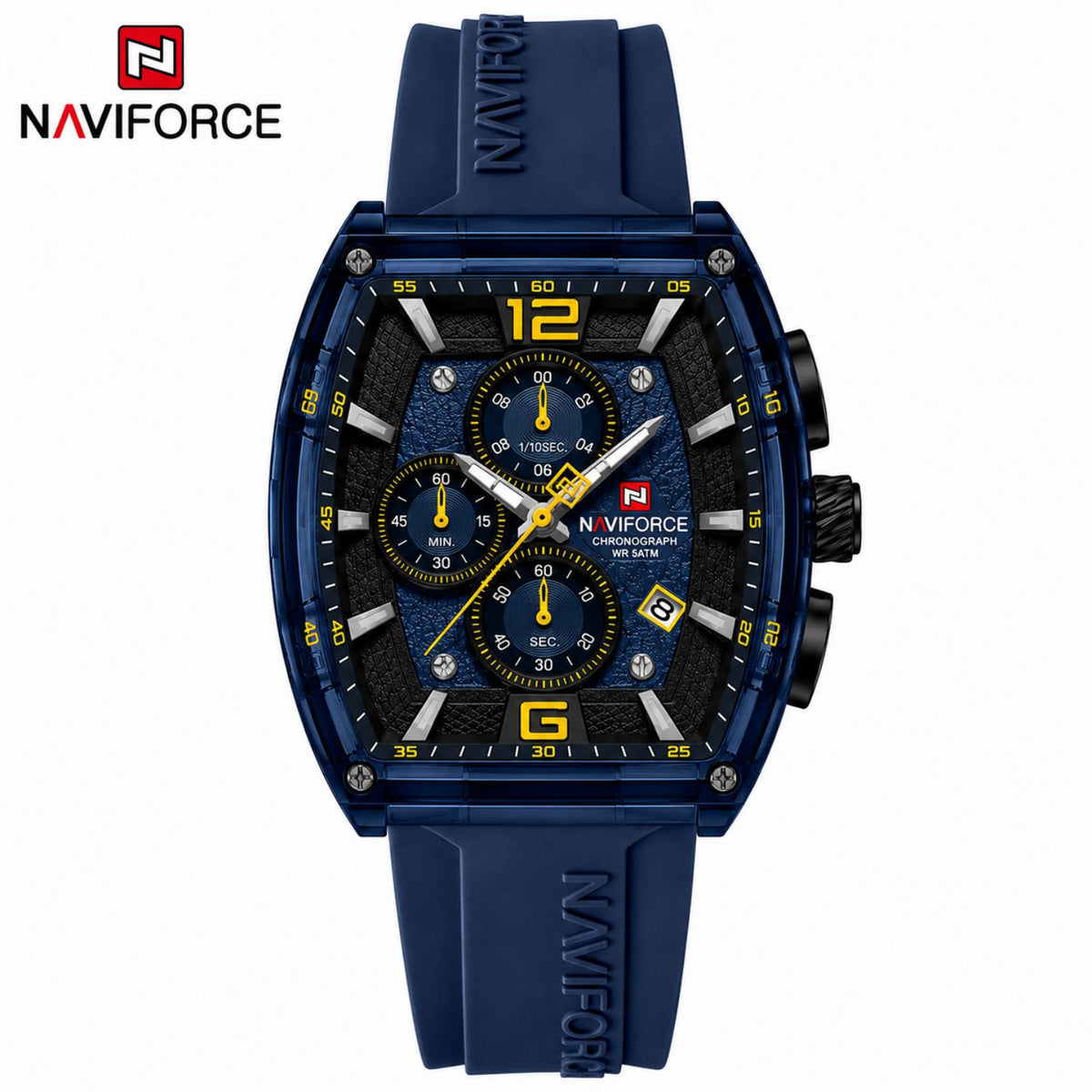 Naviforce Reloj Cronógrafo Azul con Detalles en Negro y Amarillo, Correa de Silicona, Diámetro de 45 mm, Cristal Acrílico HD y Resistencia al Agua 5 ATM.