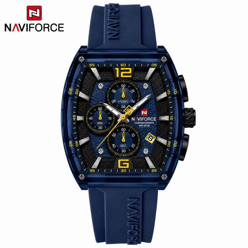 Naviforce Reloj Cronógrafo Azul con Detalles en Negro y Amarillo, Correa de Silicona, Diámetro de 45 mm, Cristal Acrílico HD y Resistencia al Agua 5 ATM.