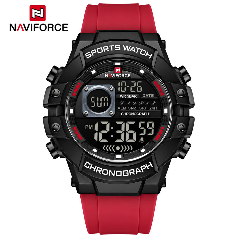 Naviforce Reloj Digital Rojo con Negro, Correa de Silicona, Diámetro de 48 mm, Cristal Acrílico HD y Resistencia al Agua 5 ATM.