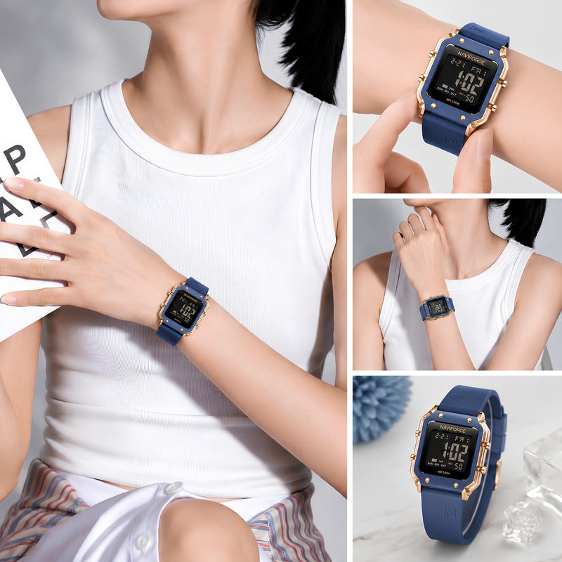 Naviforce Reloj Digital Azul con Detalles Rose Gold y Correa de Silicona, Diámetro de 34 mm, Cristal Acrílico HD y Resistencia al Agua 5 ATM.