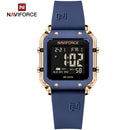 Naviforce Reloj Digital Azul con Detalles Rose Gold y Correa de Silicona, Diámetro de 34 mm, Cristal Acrílico HD y Resistencia al Agua 5 ATM.