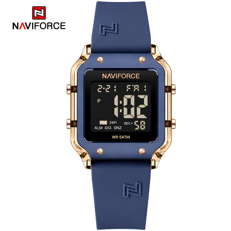 Naviforce Reloj Digital Azul con Detalles Rose Gold y Correa de Silicona, Diámetro de 34 mm, Cristal Acrílico HD y Resistencia al Agua 5 ATM.