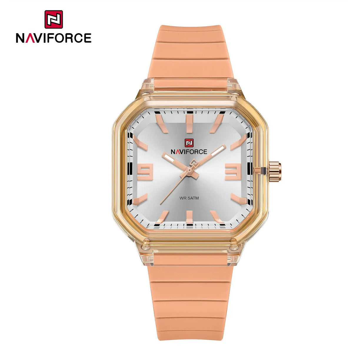 Naviforce Reloj Analógico Rose Gold con Correa de Silicona, Diámetro de 38 mm, Cristal Acrílico HD y Resistencia al Agua 5 ATM.