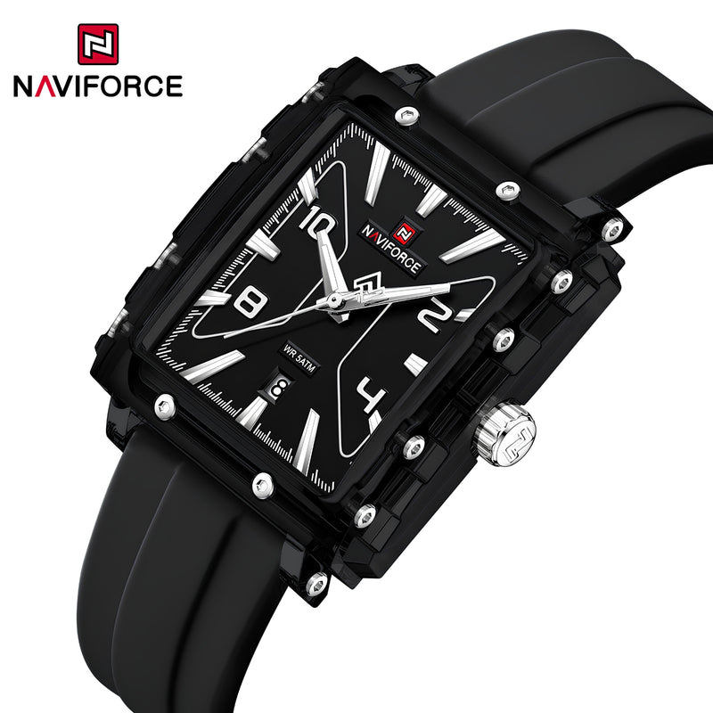 Naviforce Reloj Analógico Negro con Correa de Silicona, Diámetro de 39 mm, Cristal Acrílico HD y Resistencia al Agua 5 ATM.