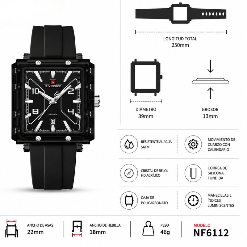Naviforce Reloj Analógico Negro con Correa de Silicona, Diámetro de 39 mm, Cristal Acrílico HD y Resistencia al Agua 5 ATM.