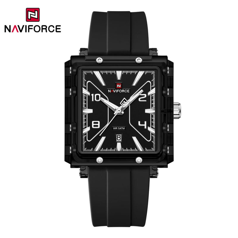 Naviforce Reloj Analógico Negro con Correa de Silicona, Diámetro de 39 mm, Cristal Acrílico HD y Resistencia al Agua 5 ATM.