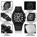 Naviforce Reloj Cronógrafo de Hombre con Esfera Cuadrada Negra Ø42.5 mm, Caja de Plástico PC, Correa de Silicona Negra, Cristal Acrílico HD y Resistencia al Agua 5 ATM