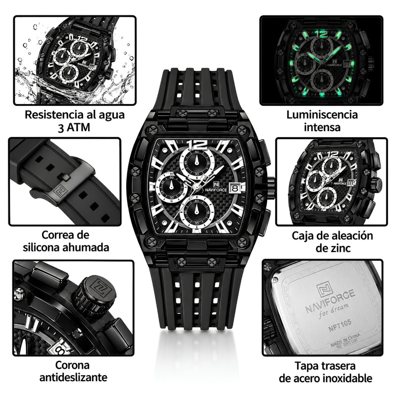 Naviforce Reloj Cronógrafo de Hombre con Esfera Cuadrada Negra Ø42.5 mm, Caja de Plástico PC, Correa de Silicona Negra, Cristal Acrílico HD y Resistencia al Agua 5 ATM