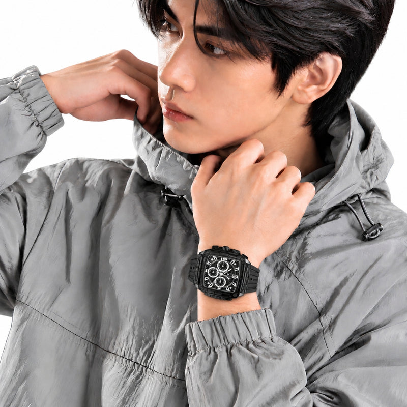 Naviforce Reloj Cronógrafo de Hombre con Esfera Cuadrada Negra Ø42.5 mm, Caja de Plástico PC, Correa de Silicona Negra, Cristal Acrílico HD y Resistencia al Agua 5 ATM