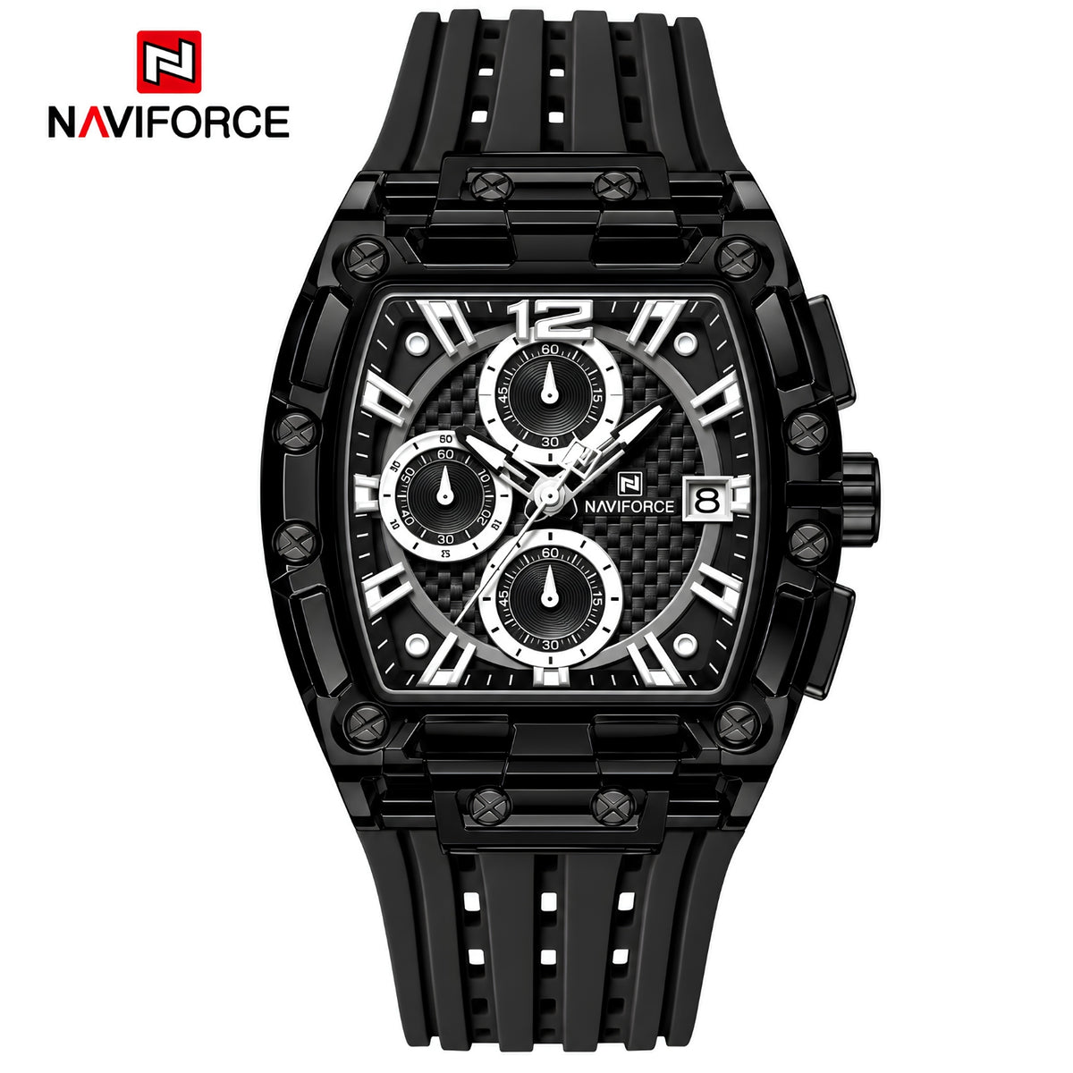 Naviforce Reloj Cronógrafo de Hombre con Esfera Cuadrada Negra Ø42.5 mm, Caja de Plástico PC, Correa de Silicona Negra, Cristal Acrílico HD y Resistencia al Agua 5 ATM