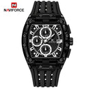 Naviforce Reloj Cronógrafo de Hombre con Esfera Cuadrada Negra Ø42.5 mm, Caja de Plástico PC, Correa de Silicona Negra, Cristal Acrílico HD y Resistencia al Agua 5 ATM