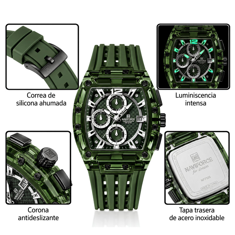Naviforce Reloj Cronógrafo de Hombre con Esfera Cuadrada Verde Ø42.5 mm, Caja de Plástico PC, Correa de Silicona Verde, Cristal Acrílico HD y Resistencia al Agua 5 ATM