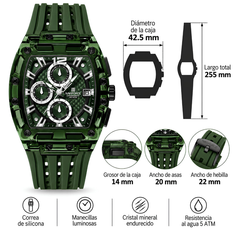 Naviforce Reloj Cronógrafo de Hombre con Esfera Cuadrada Verde Ø42.5 mm, Caja de Plástico PC, Correa de Silicona Verde, Cristal Acrílico HD y Resistencia al Agua 5 ATM