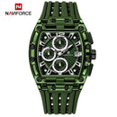 Naviforce Reloj Cronógrafo de Hombre con Esfera Cuadrada Verde Ø42.5 mm, Caja de Plástico PC, Correa de Silicona Verde, Cristal Acrílico HD y Resistencia al Agua 5 ATM