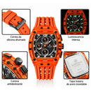 Naviforce Reloj Cronógrafo de Hombre con Esfera Cuadrada Negra Ø42.5 mm, Caja Naranja de Plástico PC, Correa de Silicona Naranja, Cristal Acrílico HD y Resistencia al Agua 5 ATM