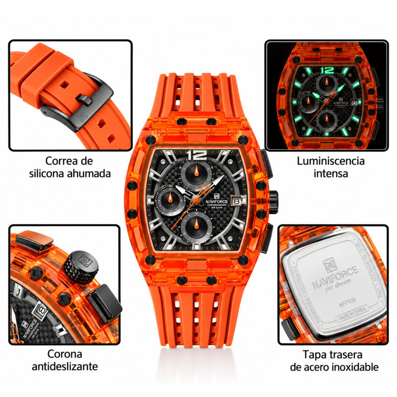 Naviforce Reloj Cronógrafo de Hombre con Esfera Cuadrada Negra Ø42.5 mm, Caja Naranja de Plástico PC, Correa de Silicona Naranja, Cristal Acrílico HD y Resistencia al Agua 5 ATM