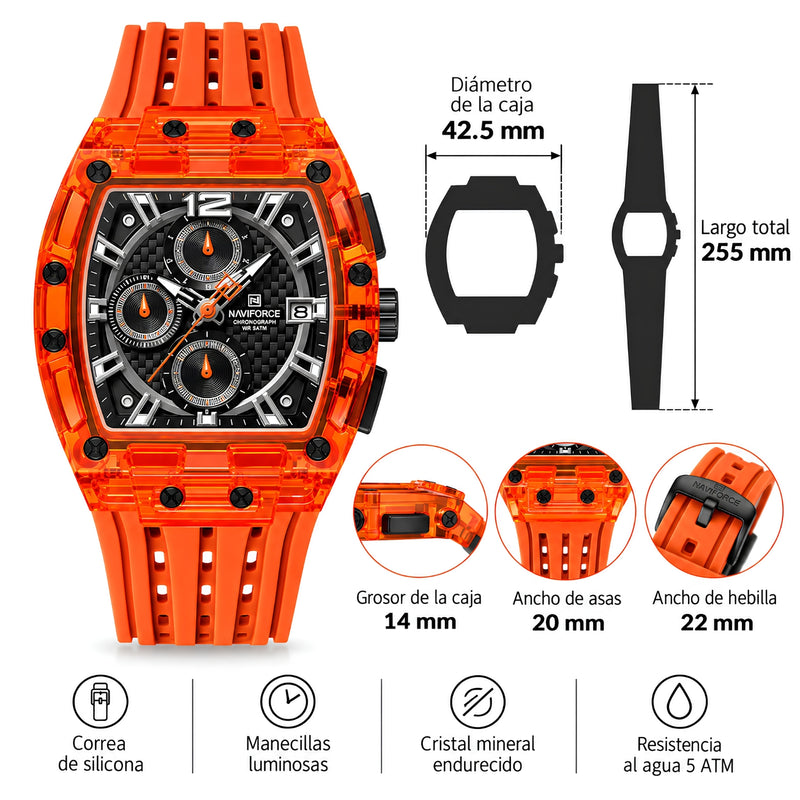Naviforce Reloj Cronógrafo de Hombre con Esfera Cuadrada Negra Ø42.5 mm, Caja Naranja de Plástico PC, Correa de Silicona Naranja, Cristal Acrílico HD y Resistencia al Agua 5 ATM