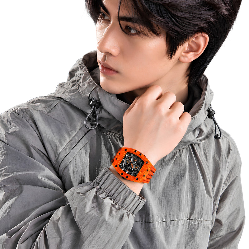 Naviforce Reloj Cronógrafo de Hombre con Esfera Cuadrada Negra Ø42.5 mm, Caja Naranja de Plástico PC, Correa de Silicona Naranja, Cristal Acrílico HD y Resistencia al Agua 5 ATM