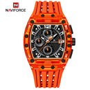 Naviforce Reloj Cronógrafo de Hombre con Esfera Cuadrada Negra Ø42.5 mm, Caja Naranja de Plástico PC, Correa de Silicona Naranja, Cristal Acrílico HD y Resistencia al Agua 5 ATM