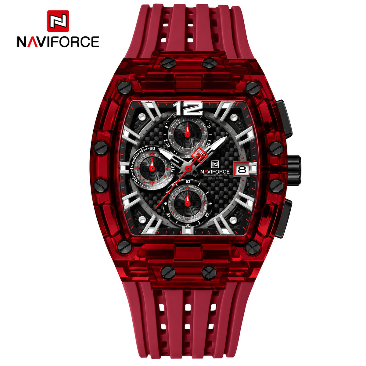 Naviforce Reloj Cronógrafo Rojo con Detalles Negros, Correa de Silicona, Diámetro de 42.5 mm, Cristal Acrílico HD y Resistencia al Agua 3 ATM o 5 ATM.