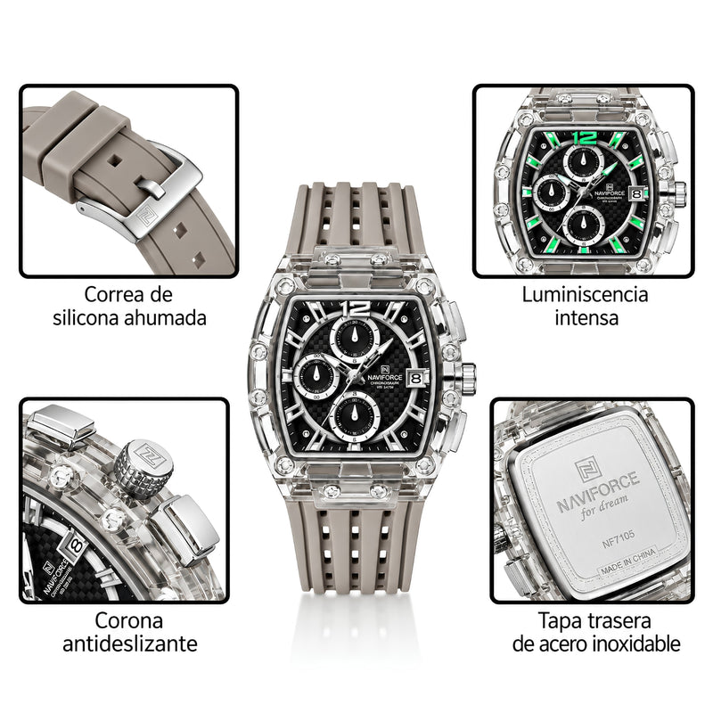 Naviforce Reloj Cronógrafo Negro con Detalles Grises y Plateados, Correa de Silicona, Diámetro de 42.5 mm, Cristal Acrílico HD y Resistencia al Agua 3 ATM o 5 ATM.