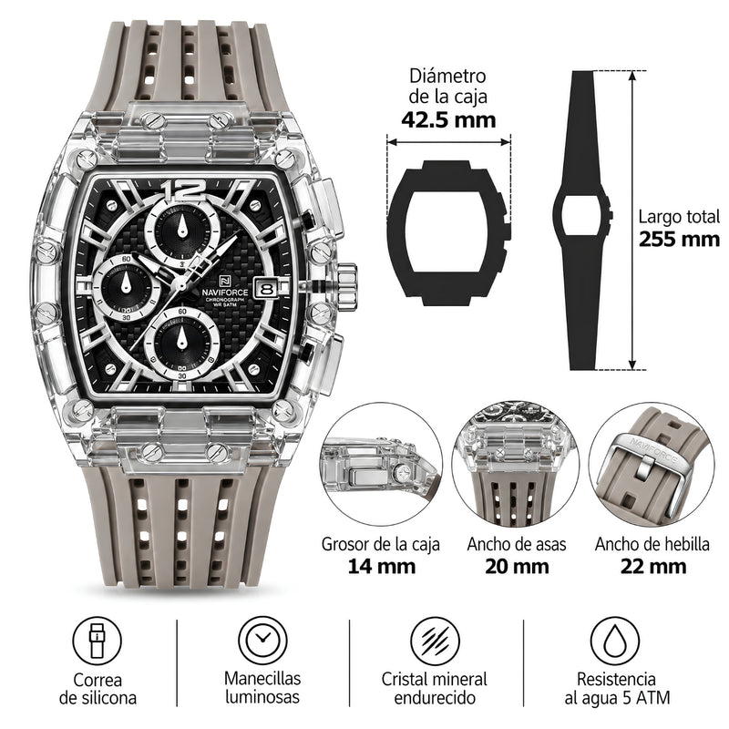 Naviforce Reloj Cronógrafo Negro con Detalles Grises y Plateados, Correa de Silicona, Diámetro de 42.5 mm, Cristal Acrílico HD y Resistencia al Agua 3 ATM o 5 ATM.