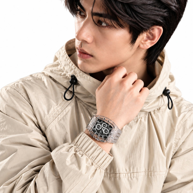 Naviforce Reloj Cronógrafo Negro con Detalles Grises y Plateados, Correa de Silicona, Diámetro de 42.5 mm, Cristal Acrílico HD y Resistencia al Agua 3 ATM o 5 ATM.